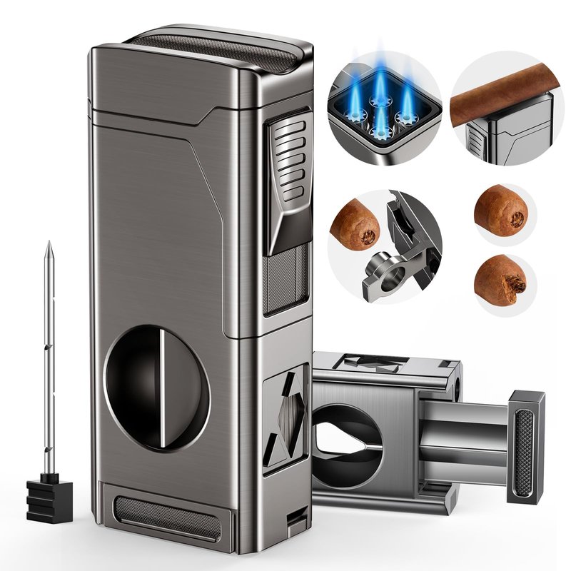 Tesonway Cigar Torch Lighter, 4 Jet Flame Cigar Lighter with Cigar Cutter V Cut Cigar Accessories Cigar Holder Cigar Punch Cigar Draw Enhancer, Windproof Refillable Butane Lighter, Cigar Gifts for Men