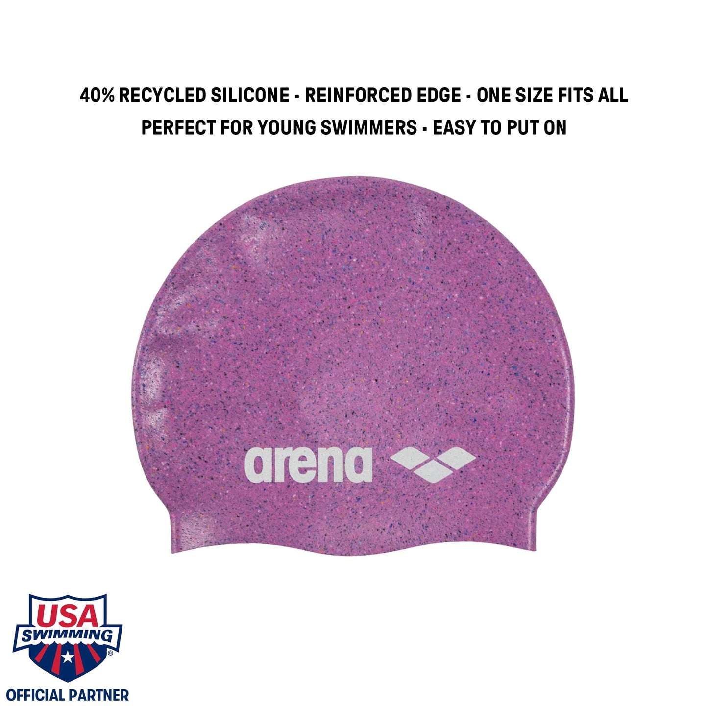 Arena Junior Recycled Silicone Unisex Swim Cap for Girls and Boys Comfortable Durable Kids’ Pool Bathing Cap, One Size, Pink Multi