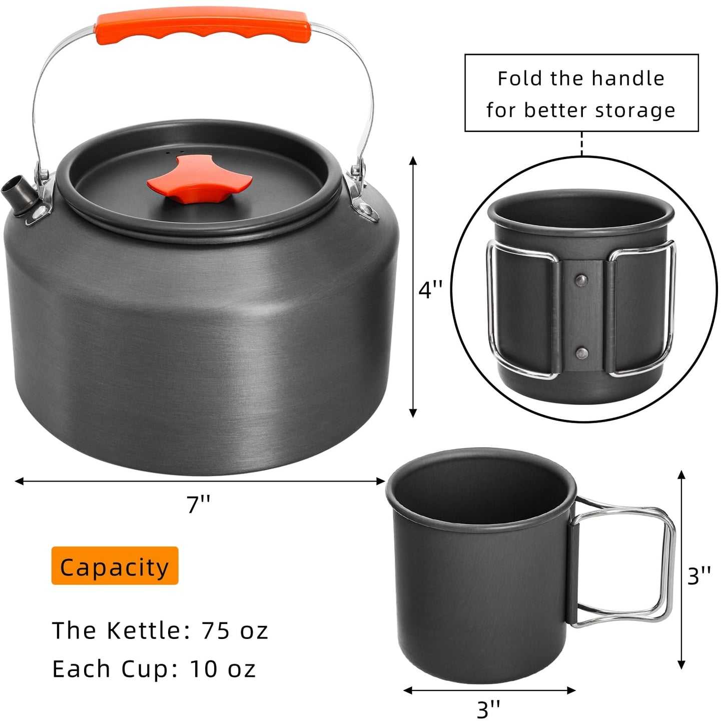 Nagpew 3 Pieces Camping Kettle, 2.5L Portable Camping Water Boiler with Storage Bag and 2 Cups, Coffee Tea Pot Set for Open Fire, Outdoor Activity, Stove, Hiking, Backpacking
