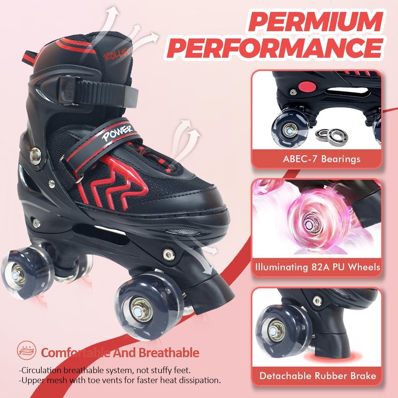 HXWY Kids Roller Skates for Boys Girls Child, Adjustable 4 Sizes Roller Skates for Kids and Youth with Light Up Wheels, Quad Black & Red Roller Skates for Sports (Youth 4-7)