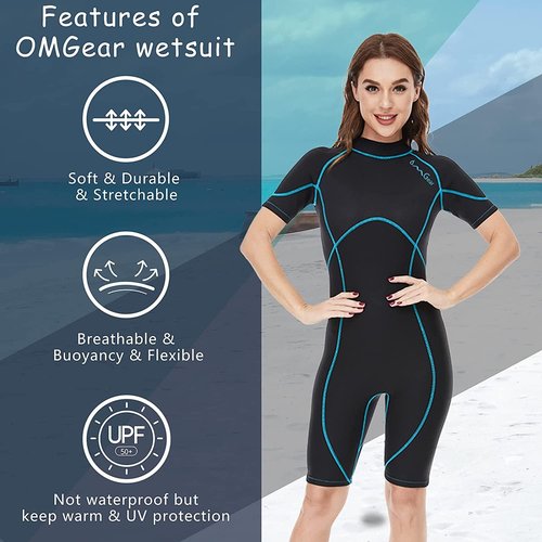 OMGear Wetsuit Women Men 3mm Neoprene Dive Wet Suit for Cold Water Short Thermal Swimsuit for Adults Snorkel Suit for Snorkeling Scuba Diving Swimming Surfing(Wathet,M)