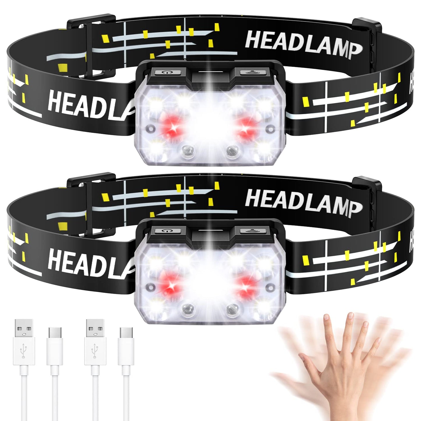 Lsnisni Headlamp Rechargeable 2 Pack, 2000 Lumen Ultra-Light Bright LED Head Lamp with White Red Light, 10 Modes, Motion Sensor, Hook, Waterproof Forehead Flashlight for Camping Hiking Cycling