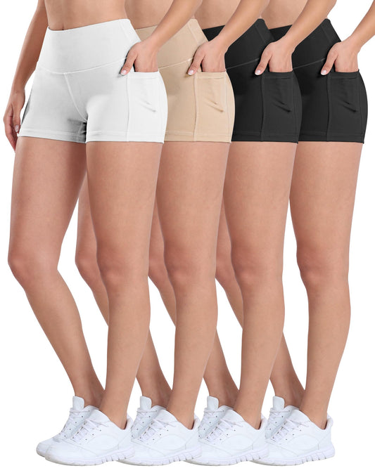 ATHVOTAR 4 Pack Spandex Yoga Shorts with Pockets for Women 3'' / 5'' / 8'' High Waist Biker Tummy Control Shorts 3" 2Black/Nude/White S