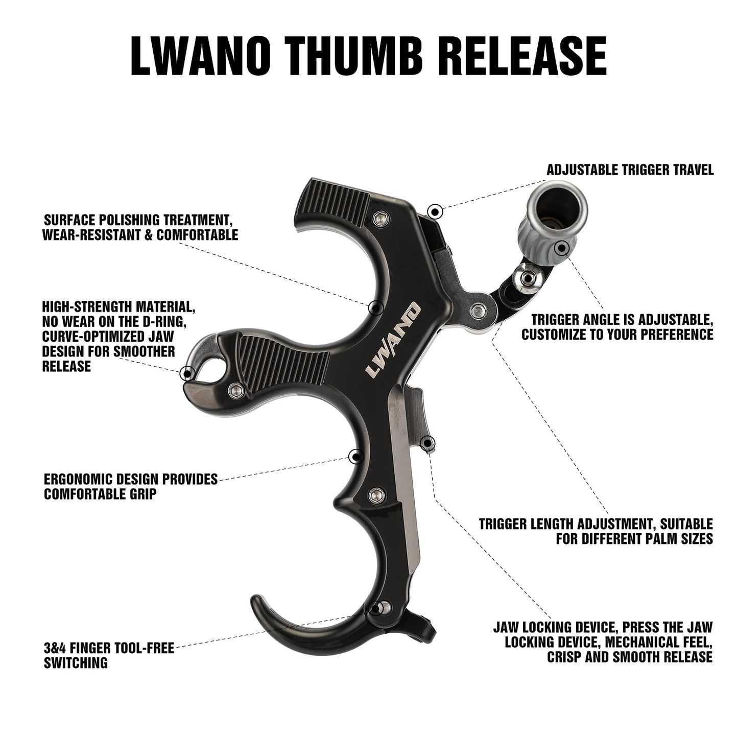 LWANO Thumb Bow Release - 3&4 Finger Adjustable Archery Compound Bow Release Aid, with Trigger Travel and Pressure Adjustable (Black)