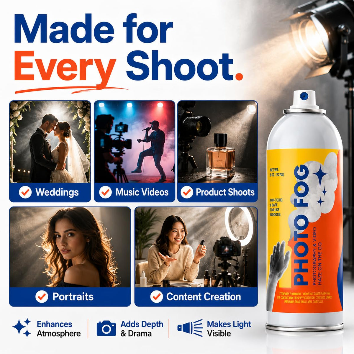 [2 Pack] Photo Fog Atmosphere Aerosol – 8 oz Haze Spray for Photographers & Filmmakers, Portable Fog Machine Alternative, Reveals Light Beams & Rim Light, Safe Indoor Studio Haze, Made in USA