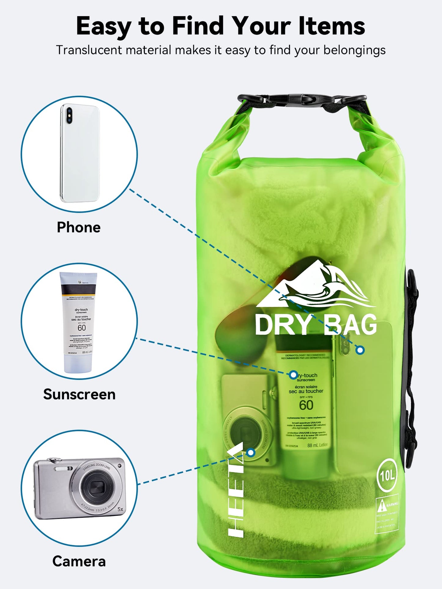 HEETA Waterproof Dry Bag for Women Men, 5L/10L/20L/30L/40L Roll Top Lightweight Dry Storage Bag Backpack with Phone Case for Travel, Swimming, Boating, Kayaking, Camping and Beach (Lemon Green, 5L)