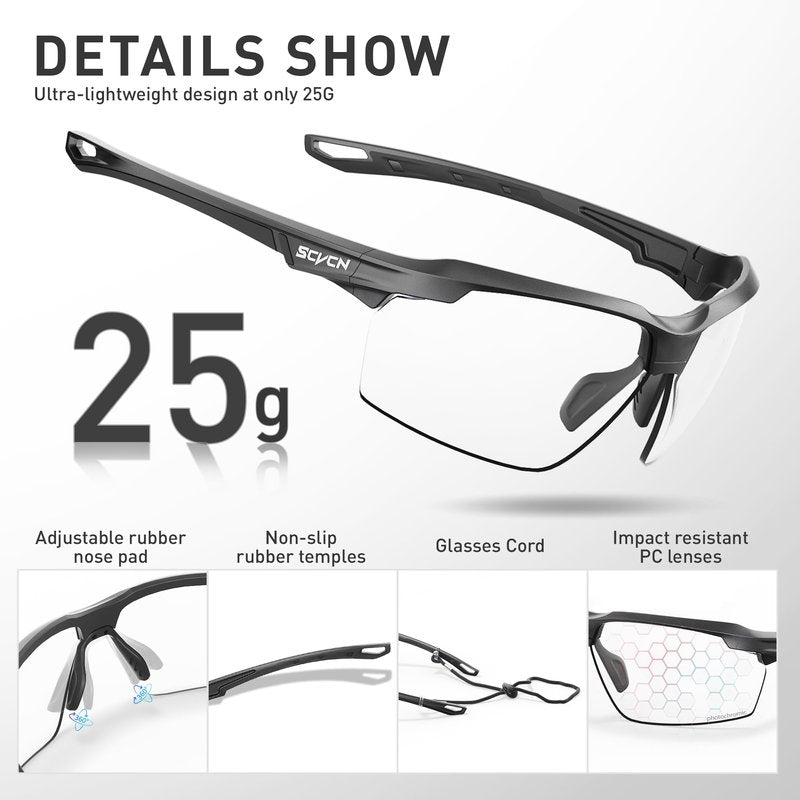 SCVCN Photochromic Sunglasses Sports Cycling Glasses for Men Women Youth Clear Cycling Glasses UV400 Protection Baseball Driving MTB Running Softball 01+06