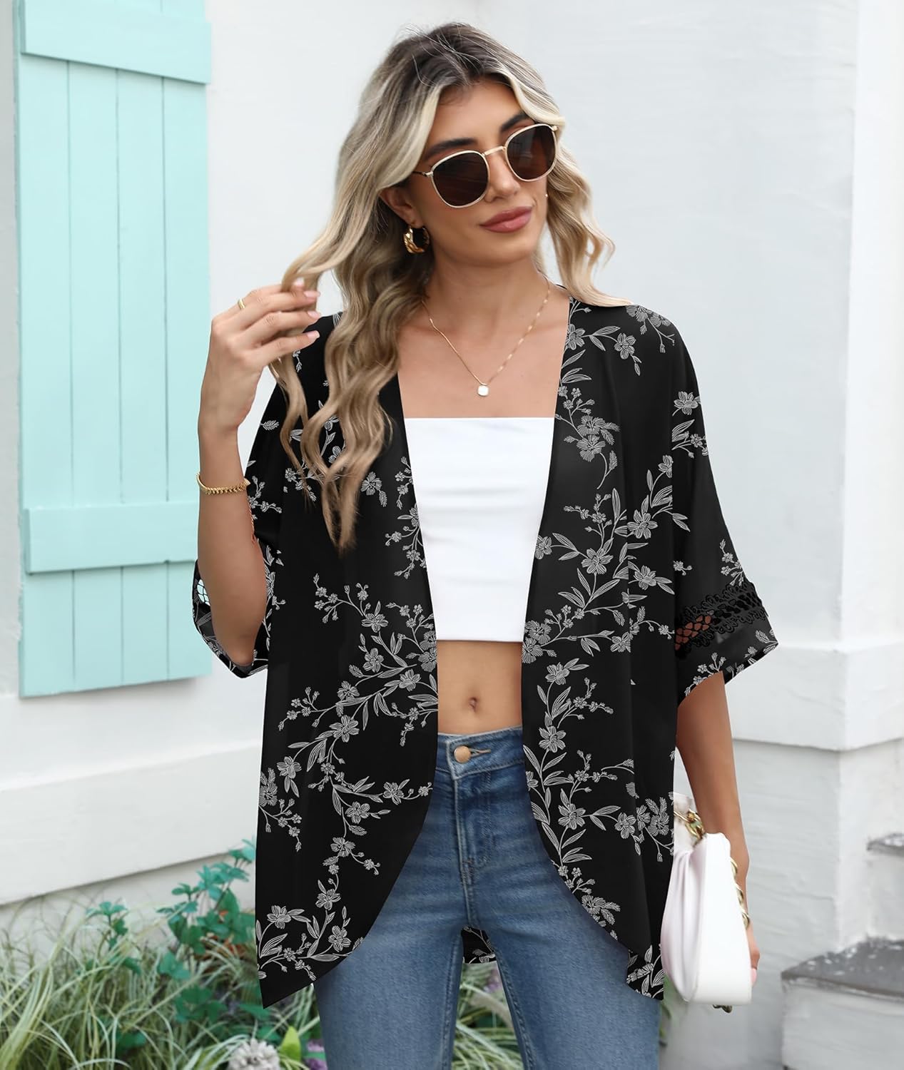LILBETTER Lightweight Chiffon Kimono Cardigan - Puff Sleeve Lace Cover-Up Blouse for Women | Beach Wear