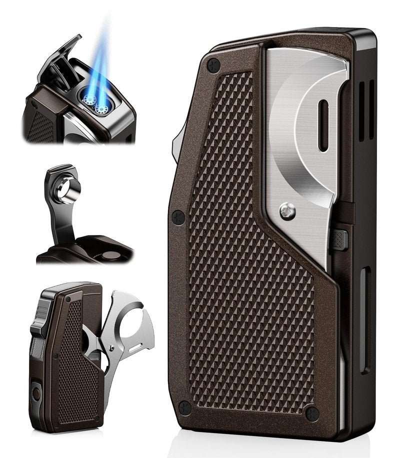 All-in-one Torch Lighter with Built-in Punch, Scissor-Shaped Cutter, Hidden Holder, and Adjustable 2 Jet Flame, Gifts for Men, Refillable Butane Lighter, Lighter with Multi-use Accessories for Travel