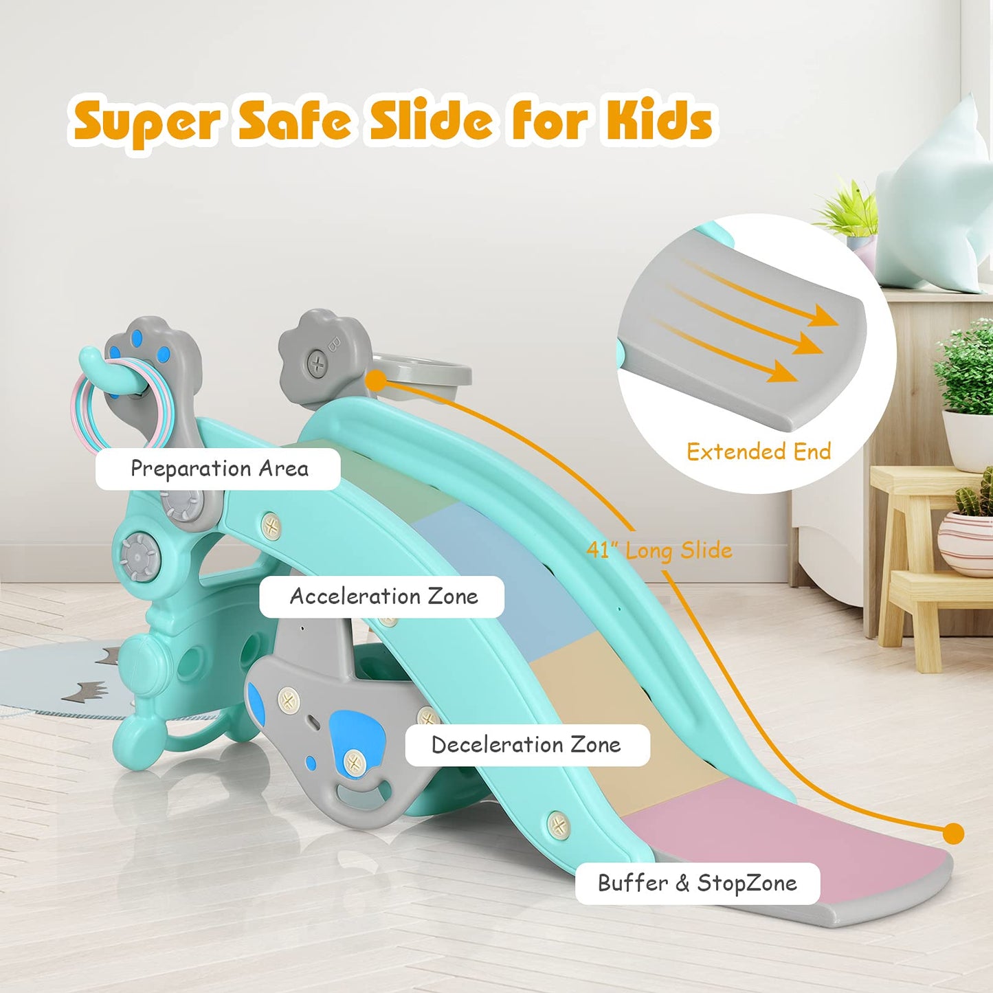Costzon 5 in 1 Toddler Slide Rocking Toy, Slide for Kids with Detachable Stool, Basketball Hoop and Ring Game, Foldable Climber Playground Slide for Both Indoors Outdoor Use (Blue Penguin)