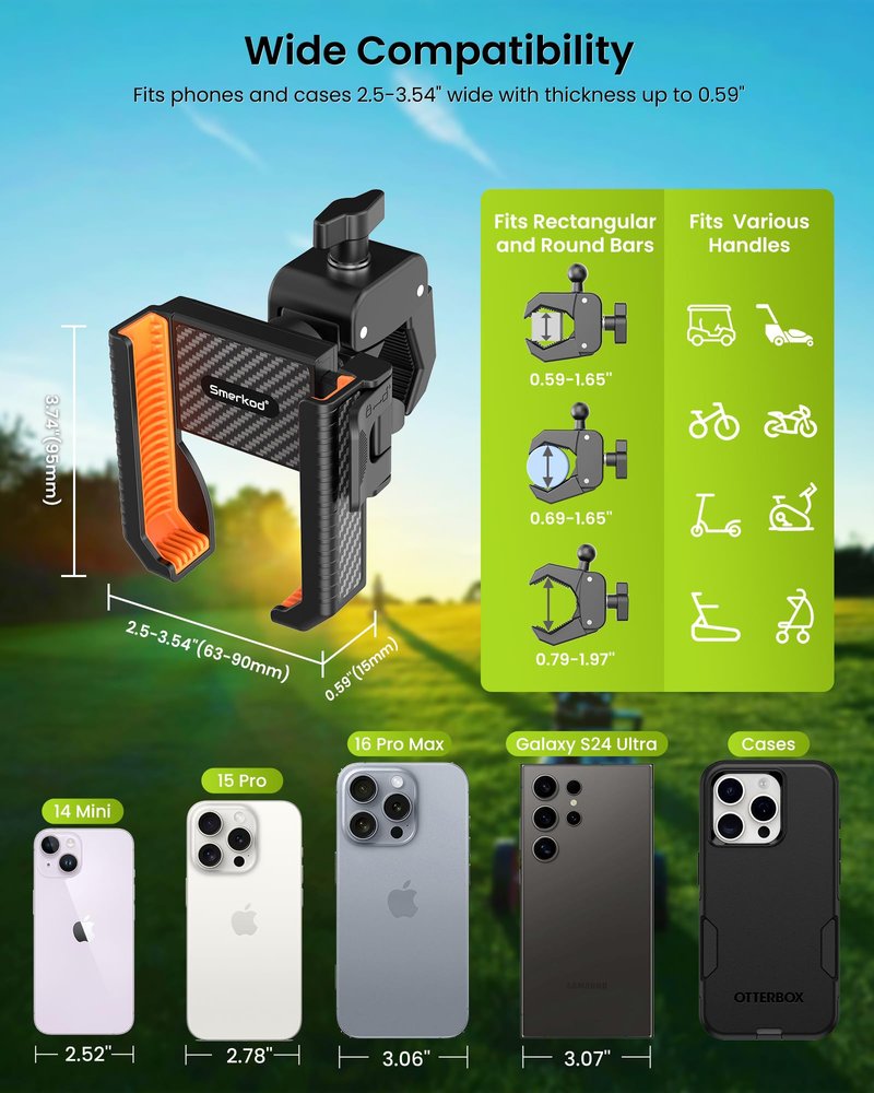 Smerkod Golf Cart Phone Holder Mount - 3s Phone Clip Install, 1s Lock & Release, Fathers Day Golf Gifts for Men Dad Husband Him Golfer, Golf Accessories Essentials Gadgets Fits Club Car, EZGO, Yamaha