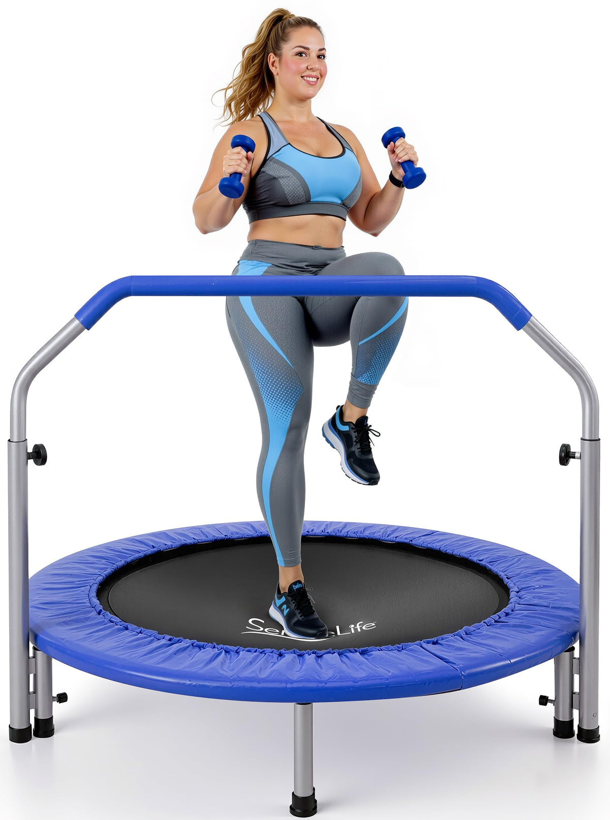 SereneLife 40" Foldable Mini Trampoline - Compact Fitness Trampoline for Kids Adults, Exercise Rebounder with Foam Handle, Indoor/Garden Workout Equipment, Max Load 150/220 lbs