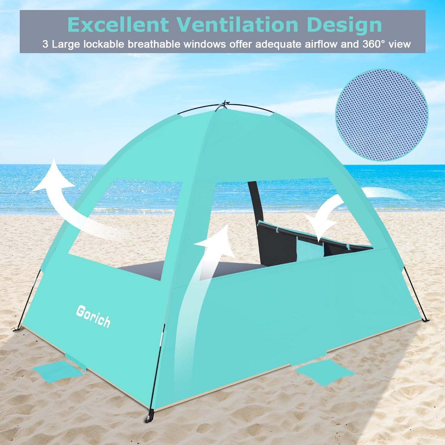 Gorich Beach Tent Sun Shelter for 3/4-5/6-7/8-10 Person with UPF 50＋ UV Protection, Lightweight & Easy Setup Beach Shade Canopy, Portable Beach Shade Tent Beach Cabana