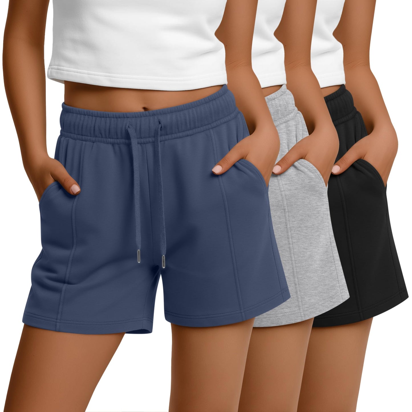 JoyMotion 3 Pack Women's Sweat Shorts Drawstring Elastic Waist Casual Shorts Athletic Comfy Lounge Pants with Pockets(Black, Haze Blue, Light Mixed Gray,Large)