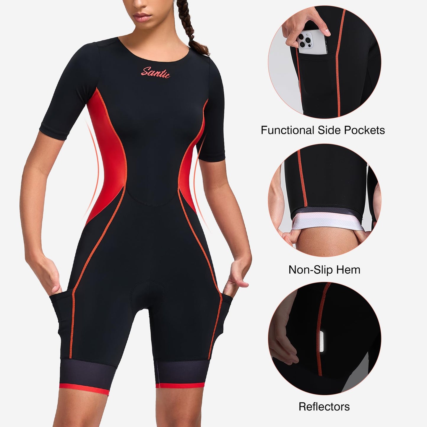 Santic Triathlon Suit for Women Short Sleeve Padded Trisuit Quick-Dry for Swim Bike Run,Red,S
