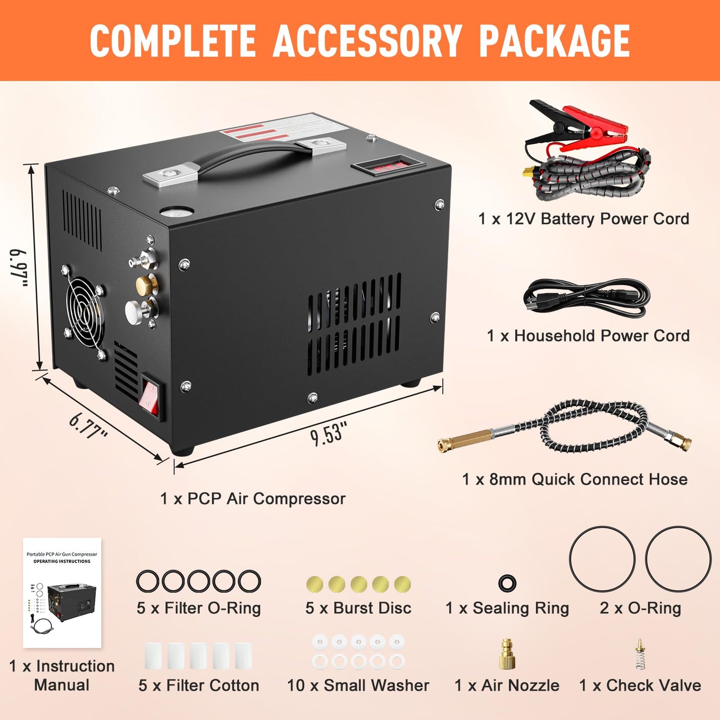 PCP Air Compressor, 4500PSI/30Mpa Scuba Tank Compressor, DC12V/AC120V PCP Airgun Compressor Manual-stop, Oil/Water-Free High Pressure Air Compressor Pump for Paintball, Air Rifle