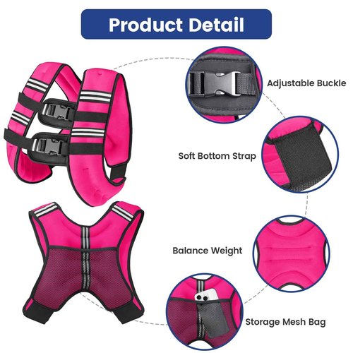 12LB Pink Weighted Vest with Two Adjustment Straps for Men Women, Weight Vest with Reflective Stripes for Workout, Strength Training, Running, Fitness, Muscle Building, Weight Loss