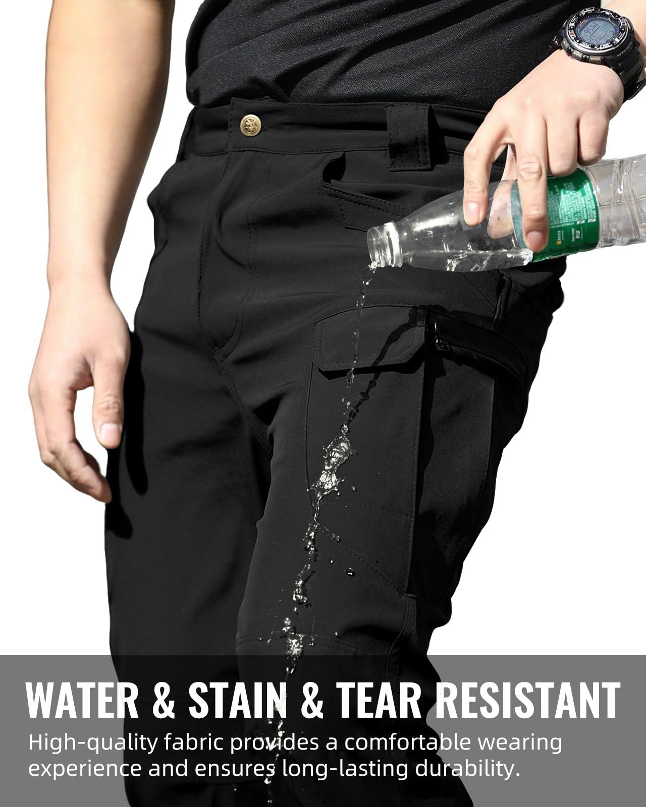 Boonlight Men's Lightweight Tactical Pants, Water Resistant Hiking Cargo Pants with Multiple Pockets for Outdoor (No Belt), Black