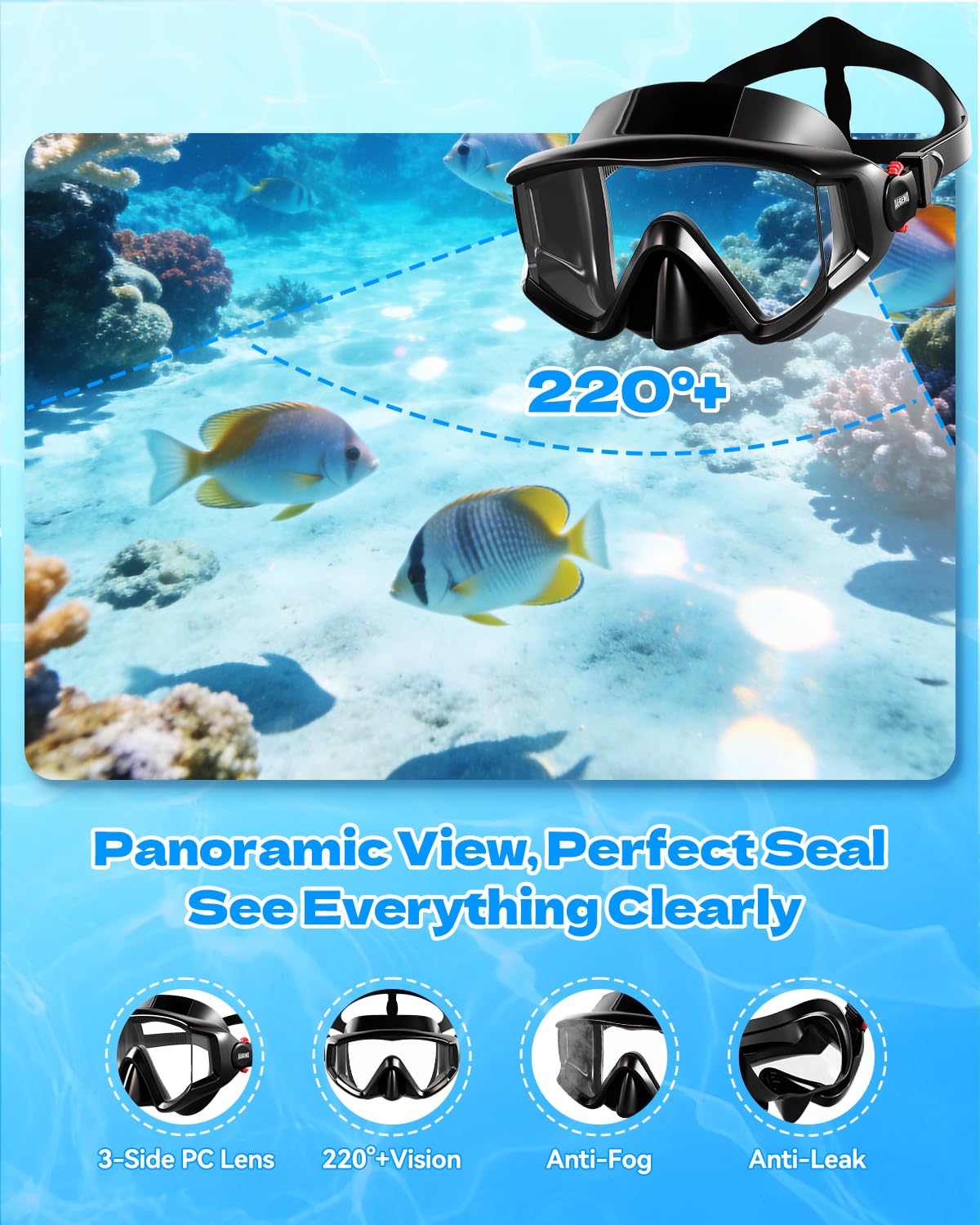 Aegend Snorkeling Gear for Adults Men Women: Anti-Fog Panoramic Mask Set, Adjustable Fins & Dry Top Snorkel – All-in-One Travel Snorkel Set for Swimming, Diving & Snorkeling (Dark Black, S/M)