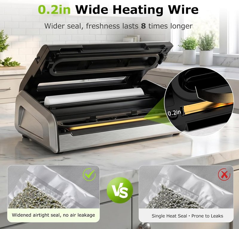 Bonsenkitchen Vacuum Sealer - One-Hand Operation Food Sealing Machine with Digital Timer & Built-In Cutter | Includes 1 Roll Bag & 10 Pre-Cut Bags