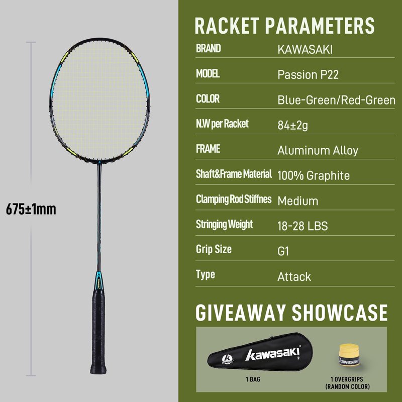 Badminton Racket Professional Graphite Badminton Set Lightweight High Tension Racquet for Attack & Defense-Passion P22 with Carrying Bag & Hand Grip (Get Strung)