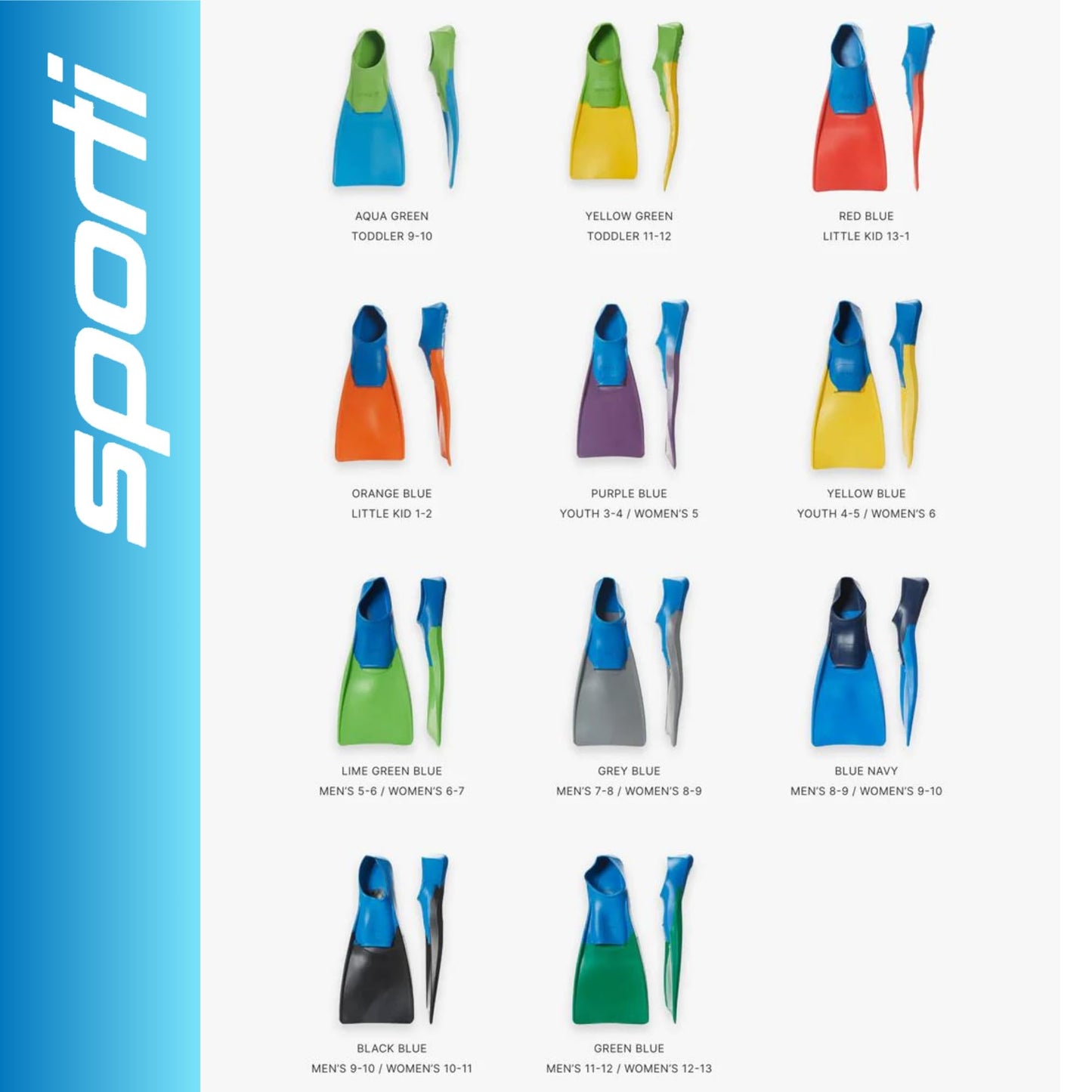 Sporti Adult-Kids Long Swim Fins, Floating Fin for Swimming & Snorkeling, Swim Flippers for Training - NavyBlue - M 8-9 / W 9-10