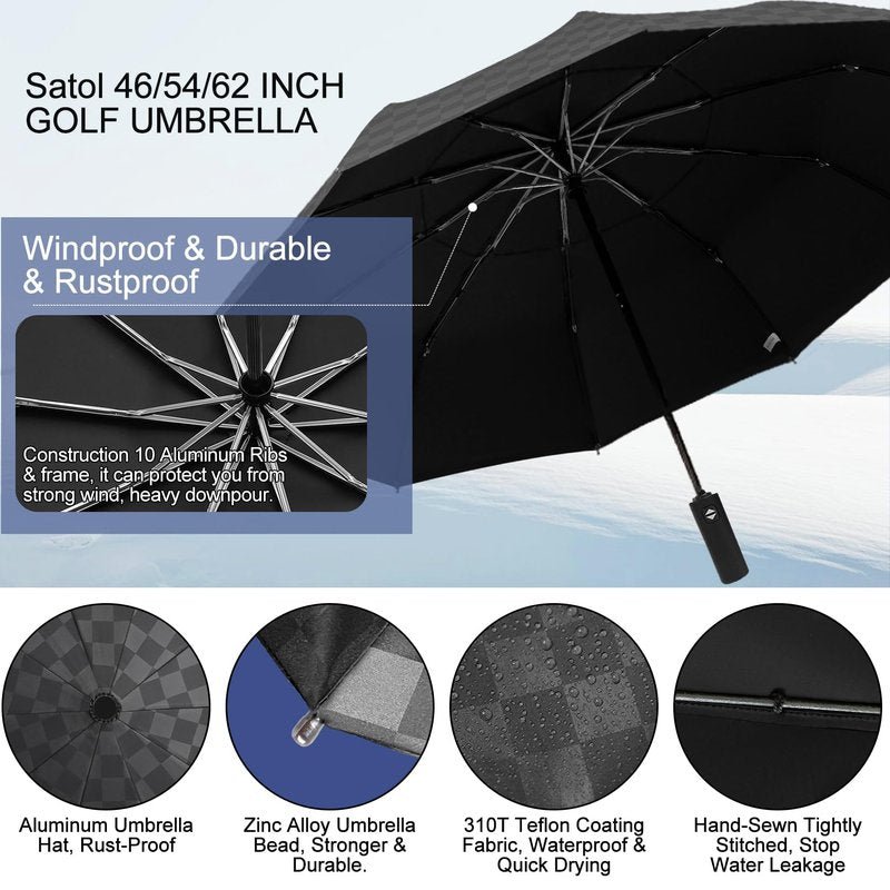 Satol 62 Inch 10 Ribs Large Waterproof Golf Umbrella, Oversize Automatic Open/Close Double Canopy Vented Sturdy Umbrella for Travel, UV Protection Windproof Sun & Rain Compact Lightweight Folding Umbrellas for Outdoor, Black