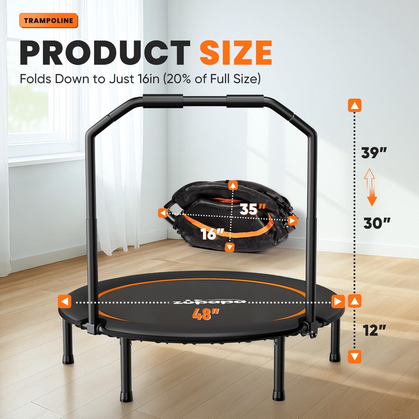 Zupapa 48" Foldable Rebounder, 550LBS Fitness Trampoline with Durable Bungees, Adjustable Handle, Stable & Quiet Exercise Rebounder for Adults, Great Mini Trampoline for Indoor/Garden Workout (48in)
