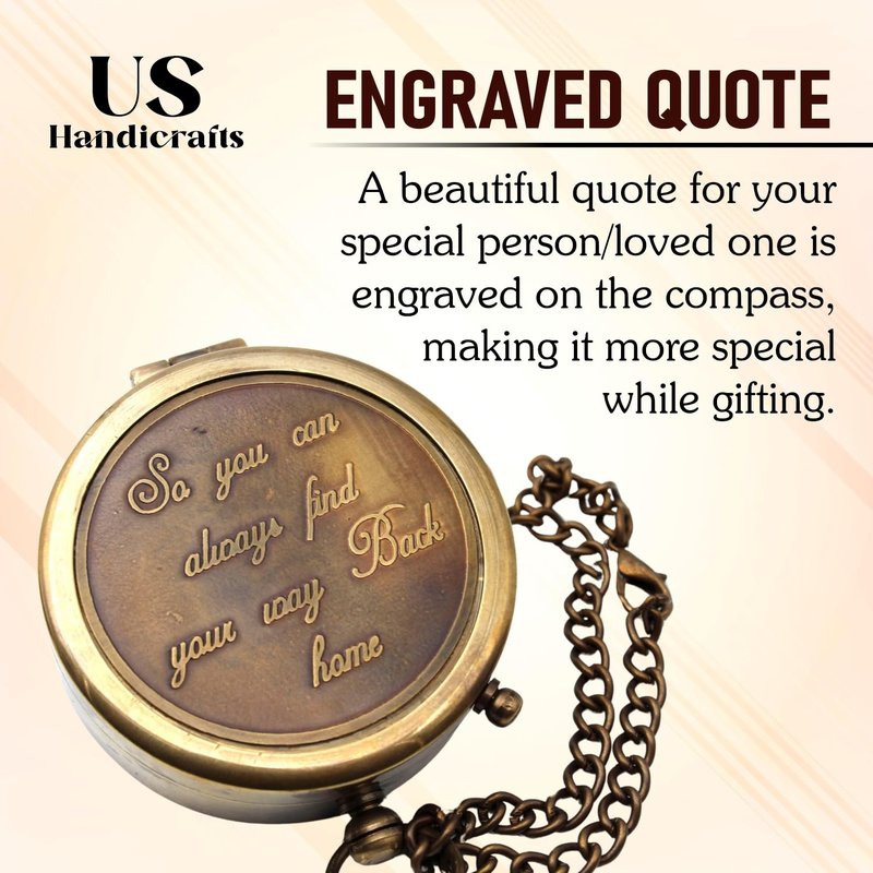 US HANDICRAFTS So You Can Always Find Your Way Back Home Engraved Brass Compass with Wooden Box | Inspirational Gift for Graduation, Birthday, Anniversary, Baptism, Valentine’s Day, Outdoor Adventures