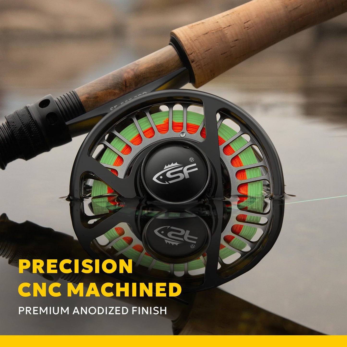 SF SF-003 Pro Fly Fishing Reel for Freshwater - CNC Machined, Mid Arbor Design, Smooth Drag System, Lightweight Aluminum Body - 5/6wt, Gunmetal Gray & Black,Pre-Loaded Fluorescent Yellow Fly Line Kit