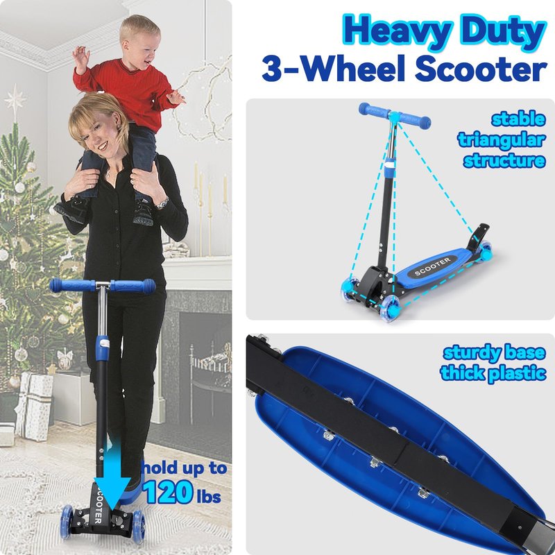 Kids Scooter Heavy Duty, 3 Wheel Scooters for Boy Girl Age 3-8, Heavy Duty Toddler Kick Scooter with Height Adjustable Handlebar, Lean-to-Steer LED Wheels, Anti-Slip Deck, Birthday Gift Wrapped