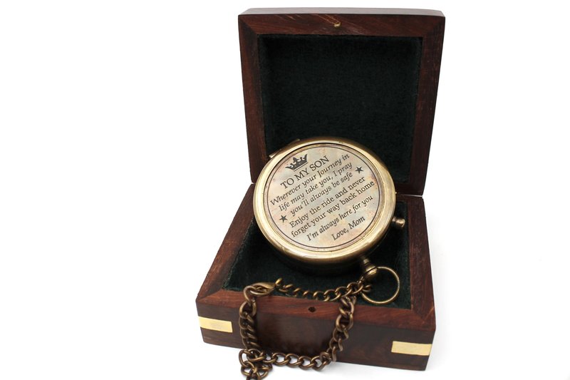US HANDICRAFTS Brass Compass with Wooden Case | Portable Engraved Compass from Mom to Son | Graduation Gift, Birthday, Inspirational Travel Keepsake, Antique Pocket Compass