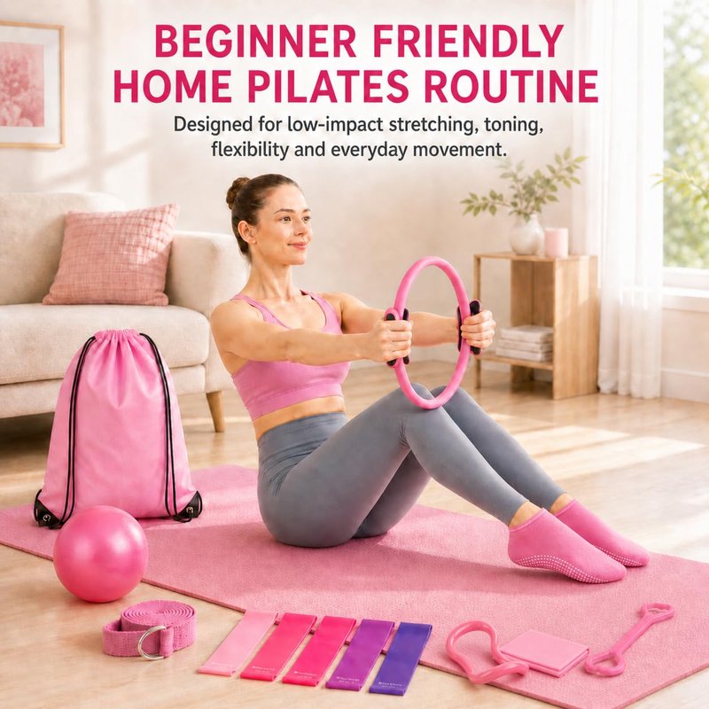 Kmjuix Pilates Kit for Women, 13 Piece Home Workout Starter Set with 14 Inch Ring, Mini Ball, 5 Resistance Bands, Yoga Socks, Stretch Strap and Carry Bag for Core Strength, Toning, Flexibility