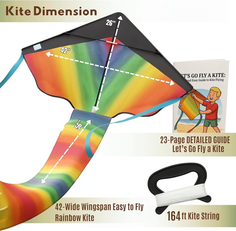 Large Rainbow Kite for Kids & Adults - Easy to Fly 42-Inch Beach Kite | Includes 164ft String & eBook