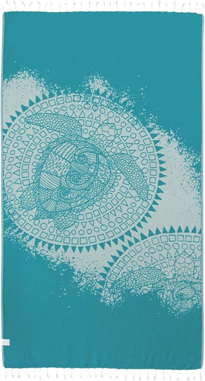 Turkish Beach Towel - Sand Resistant & Quick Dry - 100% Organic Cotton | Mandala Sea Turtle Green