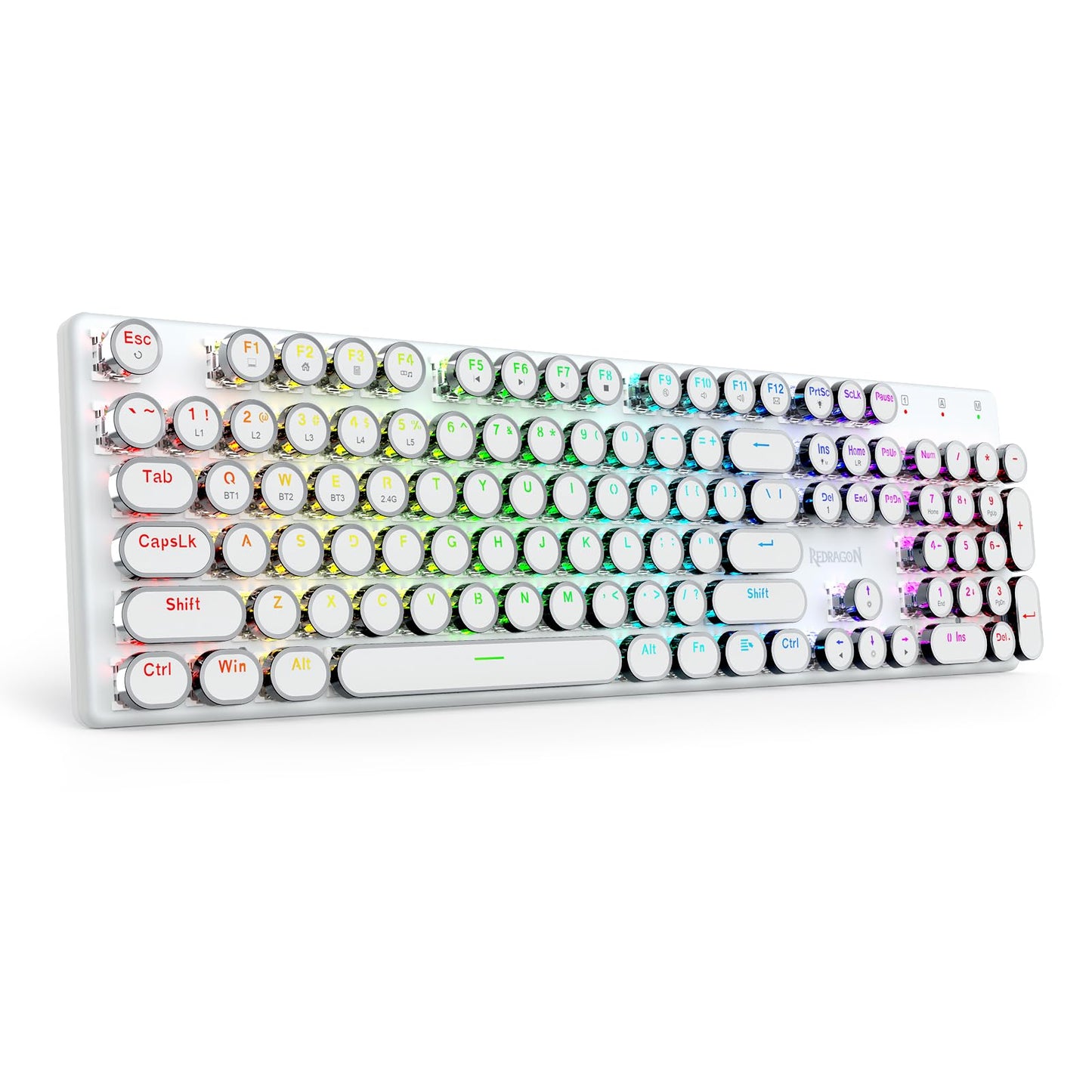 Redragon K710 Wireless Typewriter Mechanical Gaming Keyboard, Bluetooth/2.4Ghz/Wired, RGB LED Backlit, Blue Switch - Clicky, Rechargeable, Solid Metal Panel, Round Keycaps, White