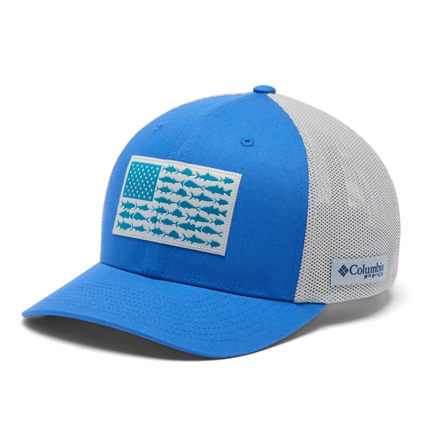 Columbia Unisex PFG Fish Flag Mesh Ball Cap, Vivid Blue/Cool Grey/US Fish Flag, Small/Medium