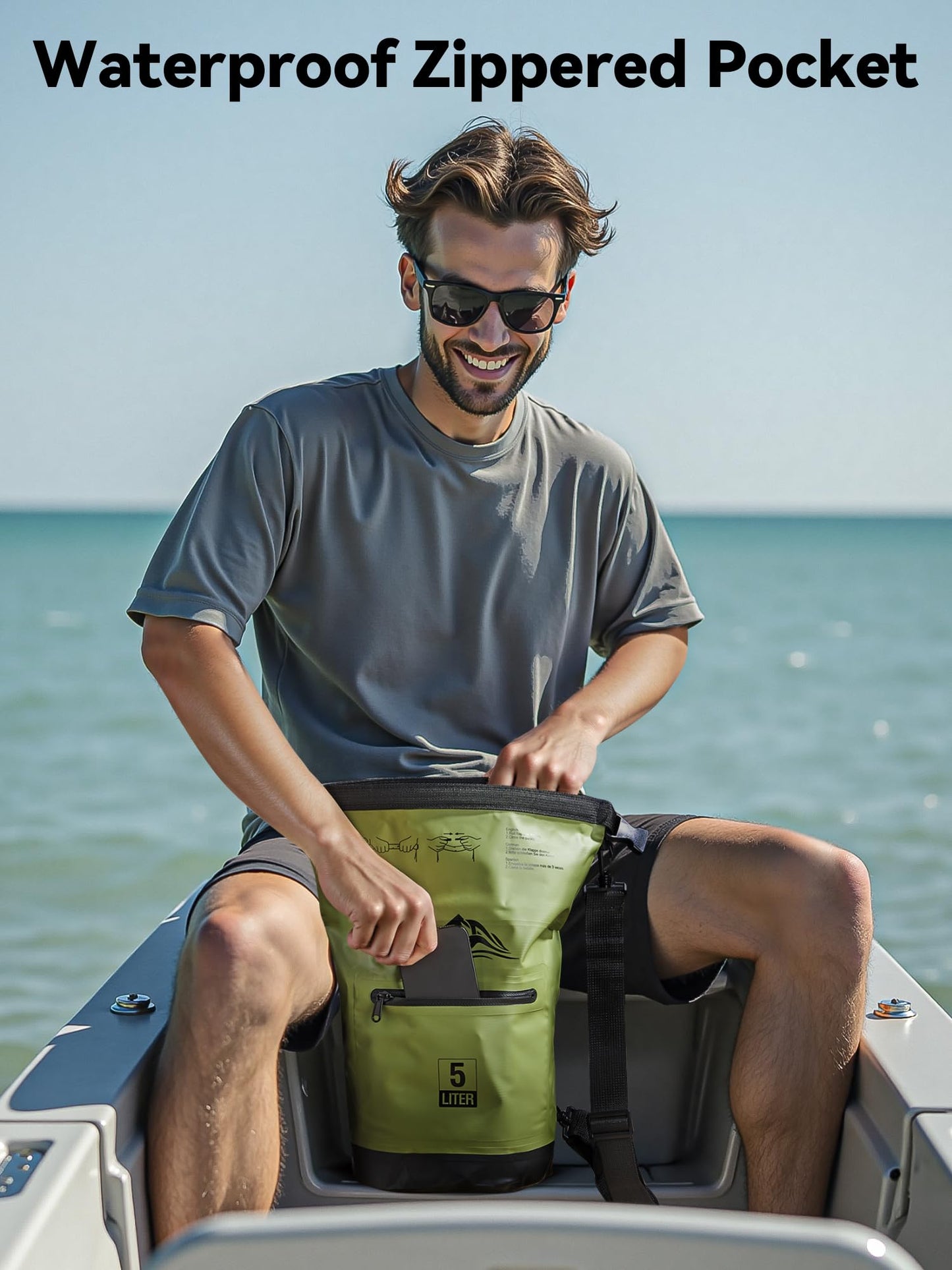 HEETA Waterproof Dry Bag with Front Zippered Pocket for Women Men, Roll Top Lightweight Dry Storage Bag Backpack for Travel, Kayaking, Boating, Rafting, Camping, Hiking & Beach (Green, 10L)
