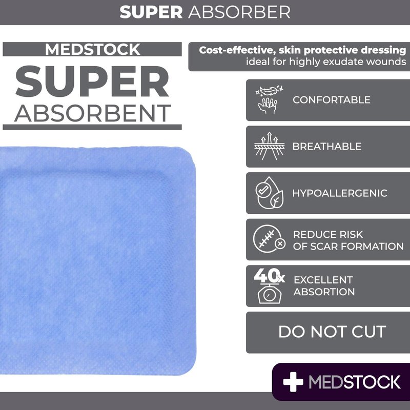 MEDSTOCK Super Absorber Dressing, 4"x4" (Pack of 10), Wound Care, Ultimate Absorption, Holds Extra Volumes of Exudate, Less Frequent Dressing Changes, Reduces Damage Risk & Maceration