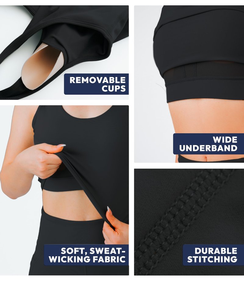 Nirlon U Tank Sports Bra for Women – Scoop Neck Workout Top with Built-in Cups – Ideal for Yoga, Gym & All-Day Comfort Wear (Black, 8)