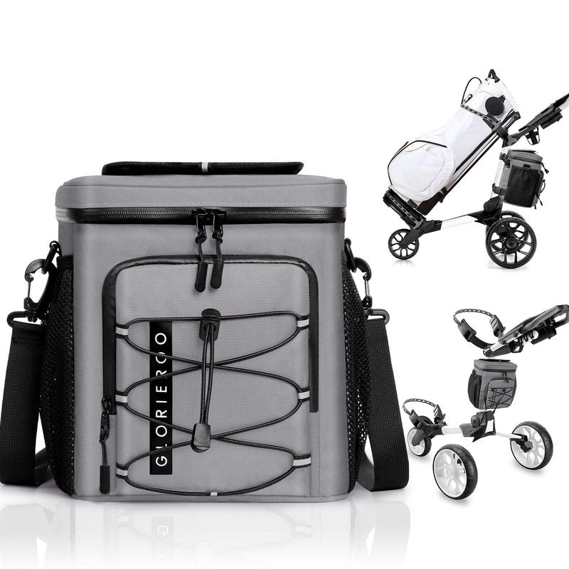 Golf Cart Cooler Bag Insulated - 12-Can Leakproof Soft Cooler Bag with Hook-and-Loop Lid, Waterproof Zippers, and Multi-Pockets for Golf Accessories; Fits on Golf Push Cart