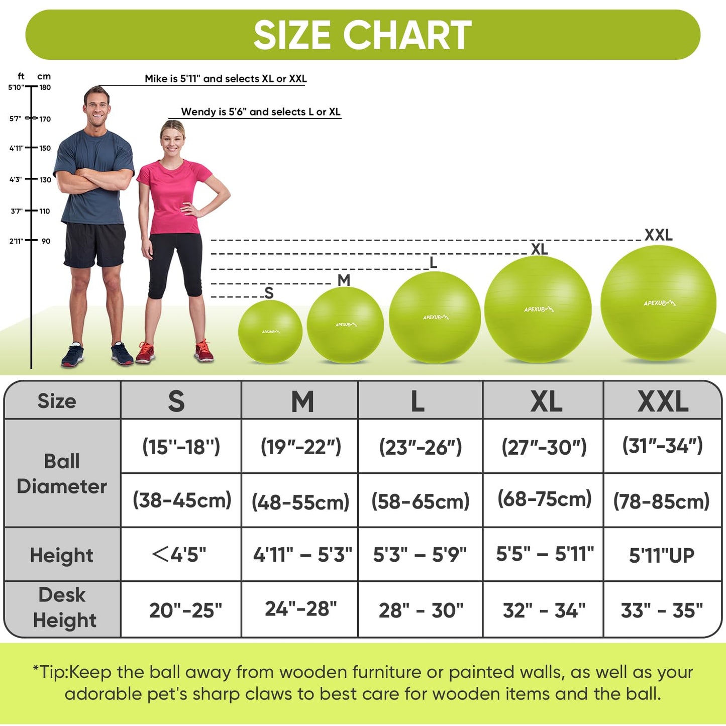 APEXUP Yoga Ball, 660 lbs Anti-Burst Exercise Ball with Pump, 5 Sizes