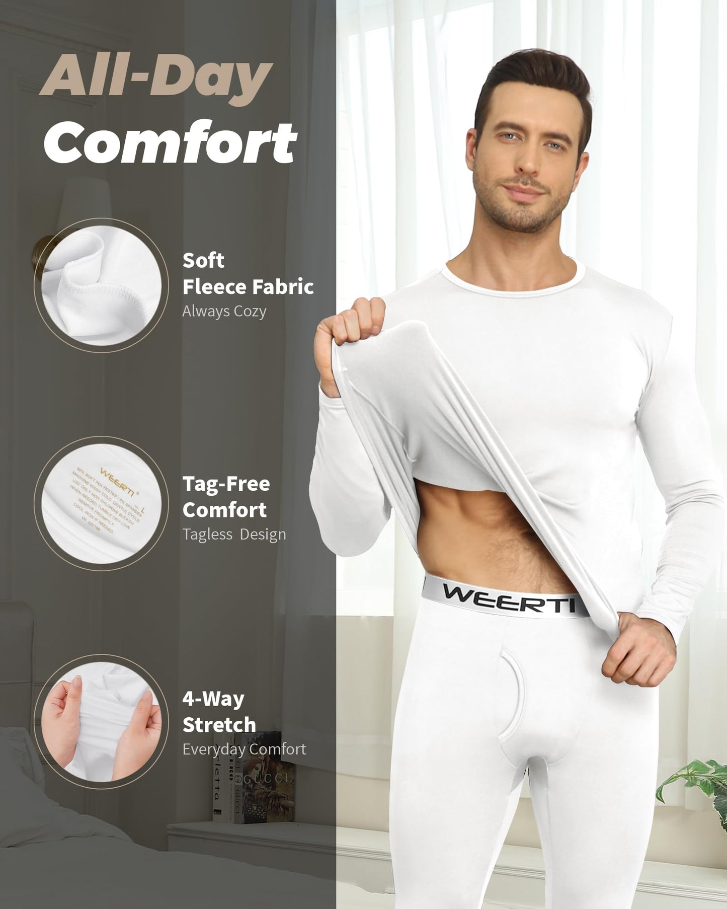 WEERTI Thermal Underwear for Men Long Johns with Fleece Lined Base Layer Men Cold Weather Top Bottom-White XXL