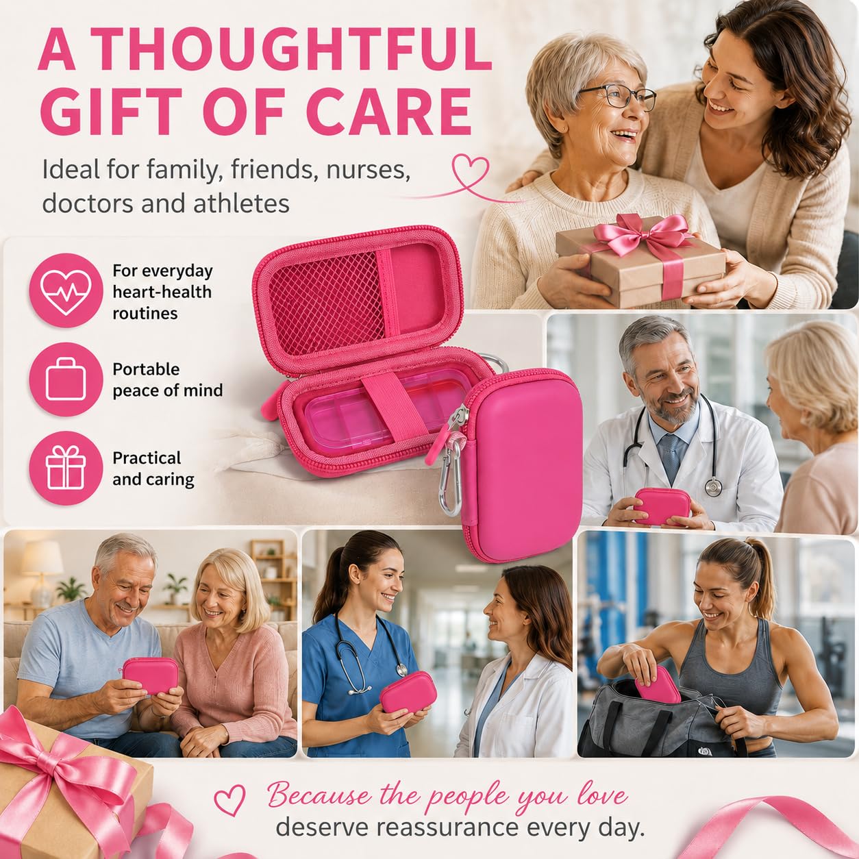PAIYULE Heart Rate Monitor Case for KardiaMobile 6L / 6L Max 1L Personal EKG Monitor Storage Holder for Cardiac Mobile Portable Heart Rate Monitor Bag Organizer (Pill Box Included) Rose Red