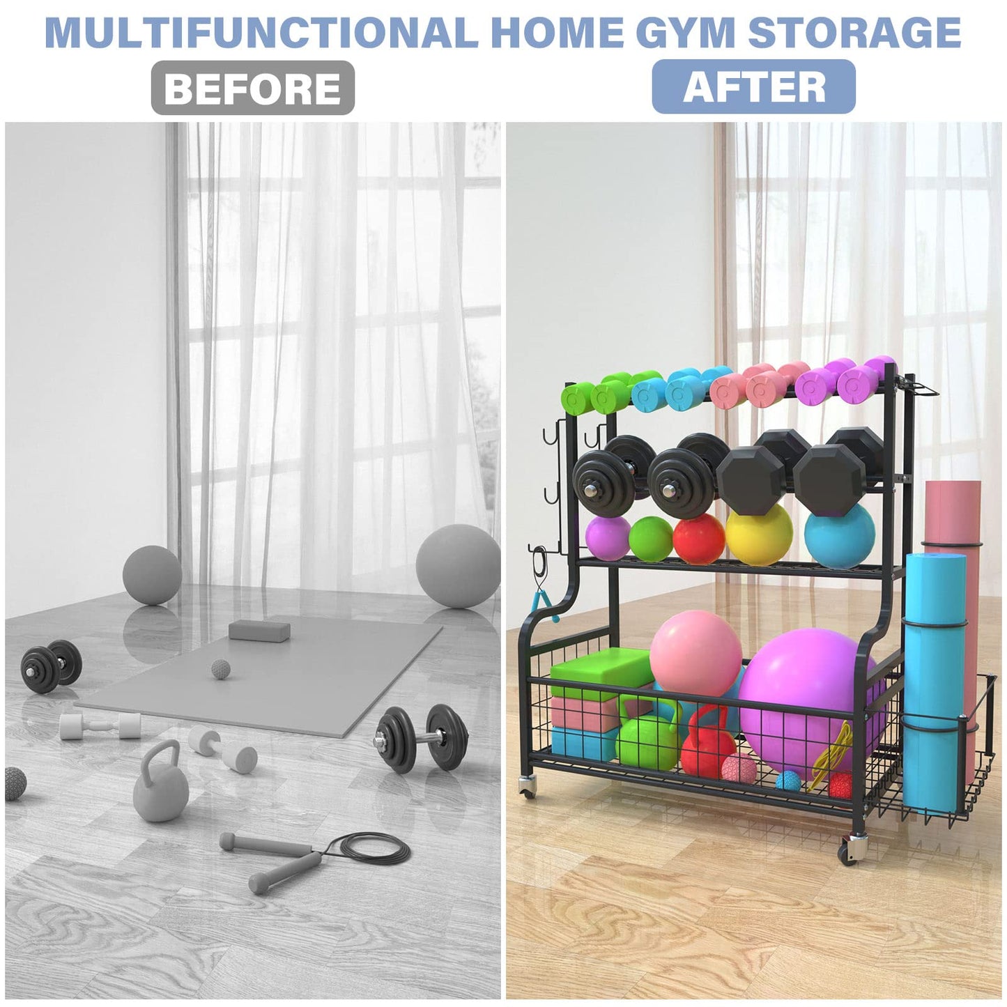 Home Gym Storage for Dumbbells, 500 LB Heavy Duty Weight Rack for Dumbbells Kettlebells Yoga Mat, Balls and Resistance Band, Dumbbell Rack with 4 Lockable Wheels and Hooks