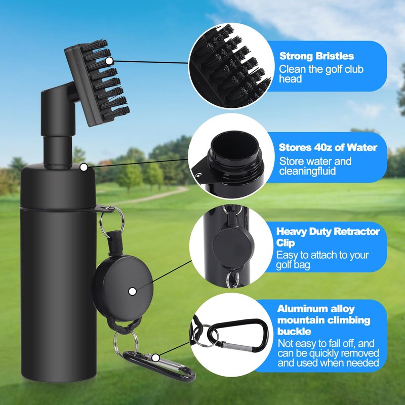 BIVASMWATH Golf Club Brush Cleaner with Water Bottle 7.5 Inches Holds 4 Ounces of Water - 2 Pack Pro Golf Club Cleaner Brush with Heavy Duty Retractable Clip - Golf Accessories (Black)