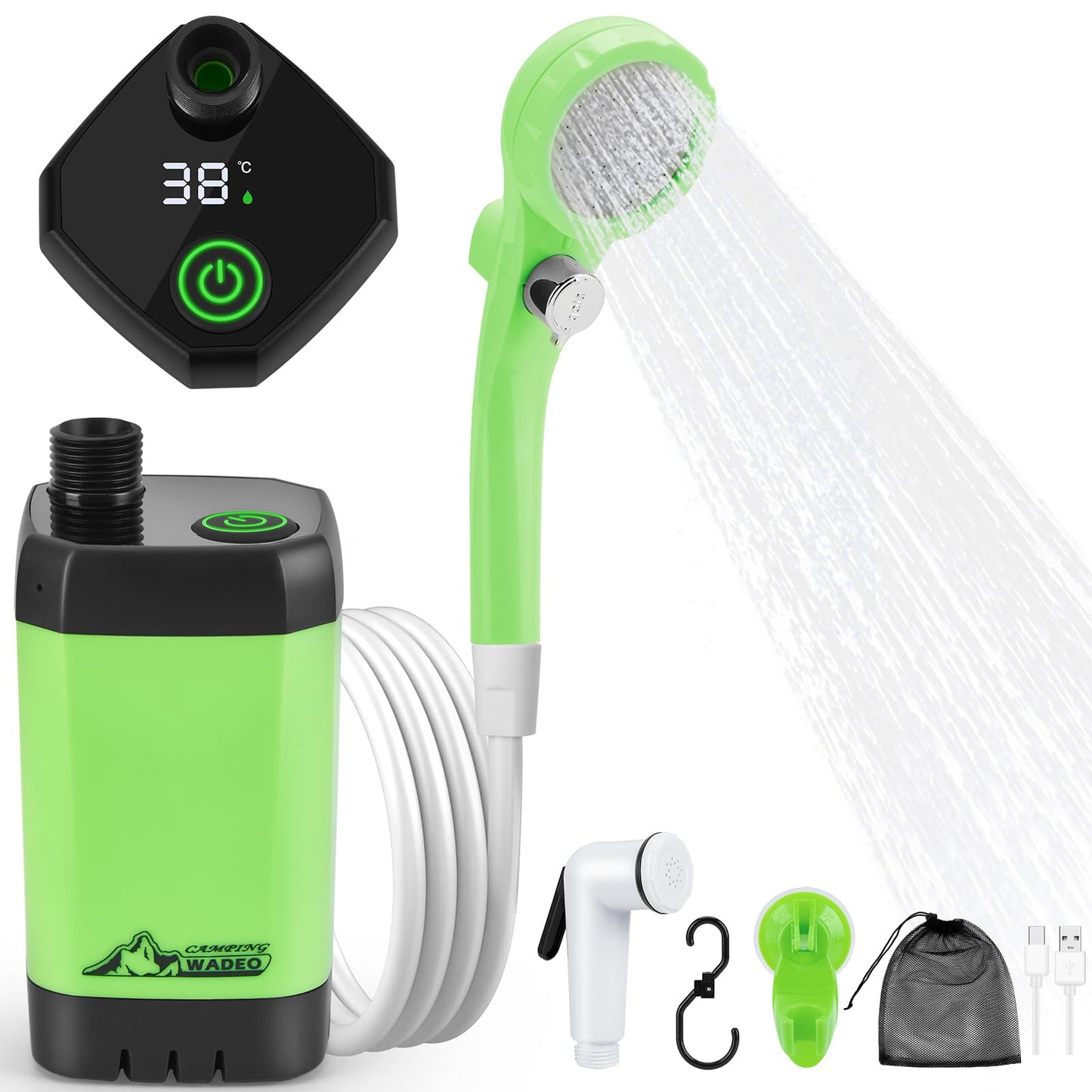 WADEO Portable Shower for Camping, Outdoor Electric Shower Rechargeable Pump with Intelligent Digital Display, Camping Shower Head Nozzle for Camping, Hiking, Traveling, Washing