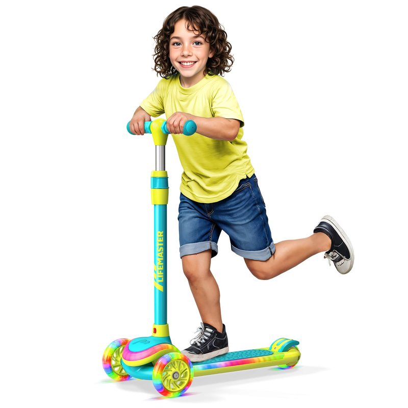 Lifemaster 3-Wheel Kids Scooter with Multi-Color Lights on Deck & Wheels – 5-Height Handlebar, Wide Anti-Slip Deck, Child Safety Certified, Boys & Girls Ages 3+ Supports Up to 150 lbs, Aqua Yellow