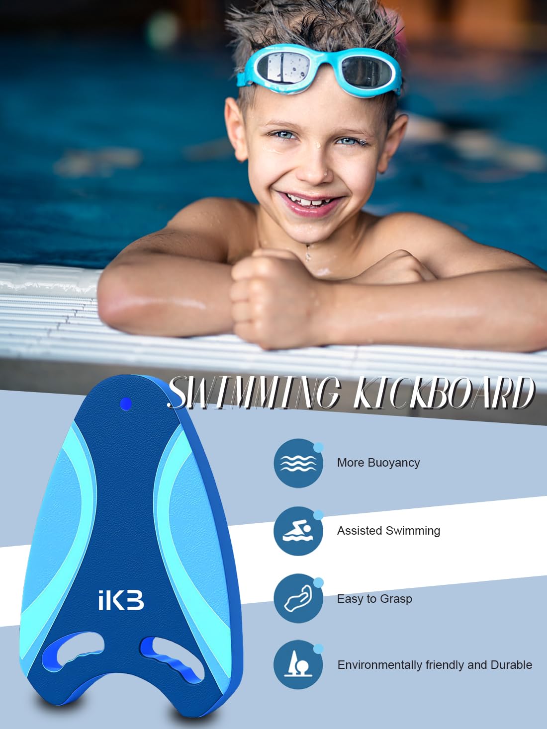 ikanboo Swimming Kickboard, Swim Training Aid Kick Board with Integrated Hole Handle, Pool Exercise Equipment for Kids and Adults, EVA Foam