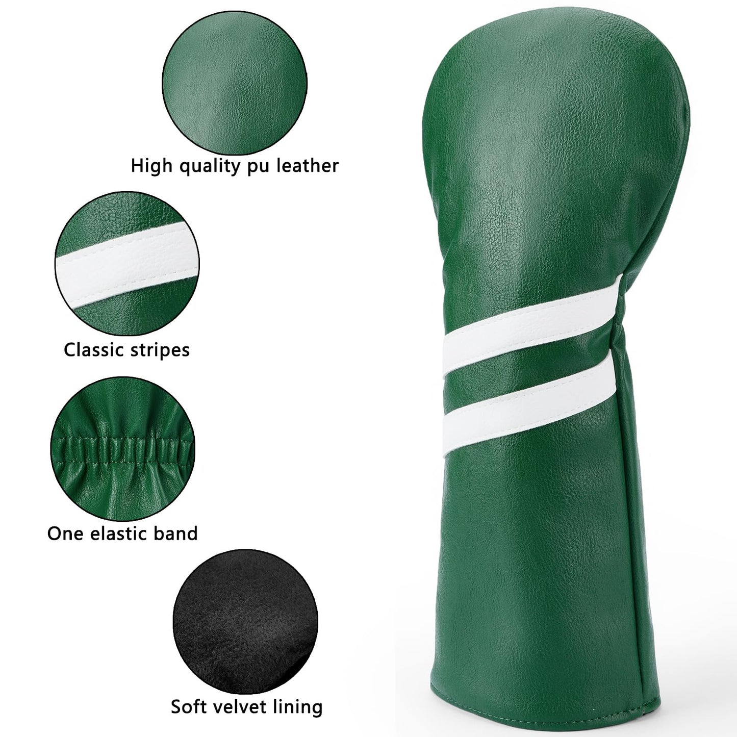 Gbourly 3PCS Vintage Golf Club Classic Green and Black Driver, Fairway Wood and Hybrid Head Covers Set PU Leather Headcovers with Interchangeable No. Tag (Green)